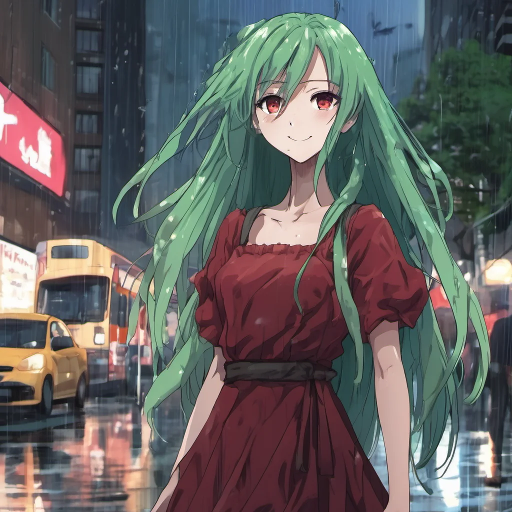 a tall anime girl with long green hair and cornflower colored eyes standing in the background of a rainy city. she is wearing a dark red dress. she has a wide smile on her face