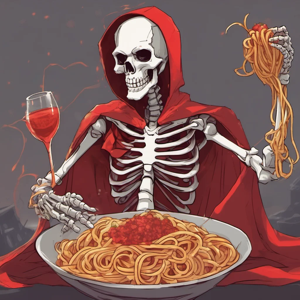 a tall friendly skeleton that%27s wearing a hero battle body who has long red gloves and boots and wears a red scarf and he%27s also wearing a short red cape with a big bowl of