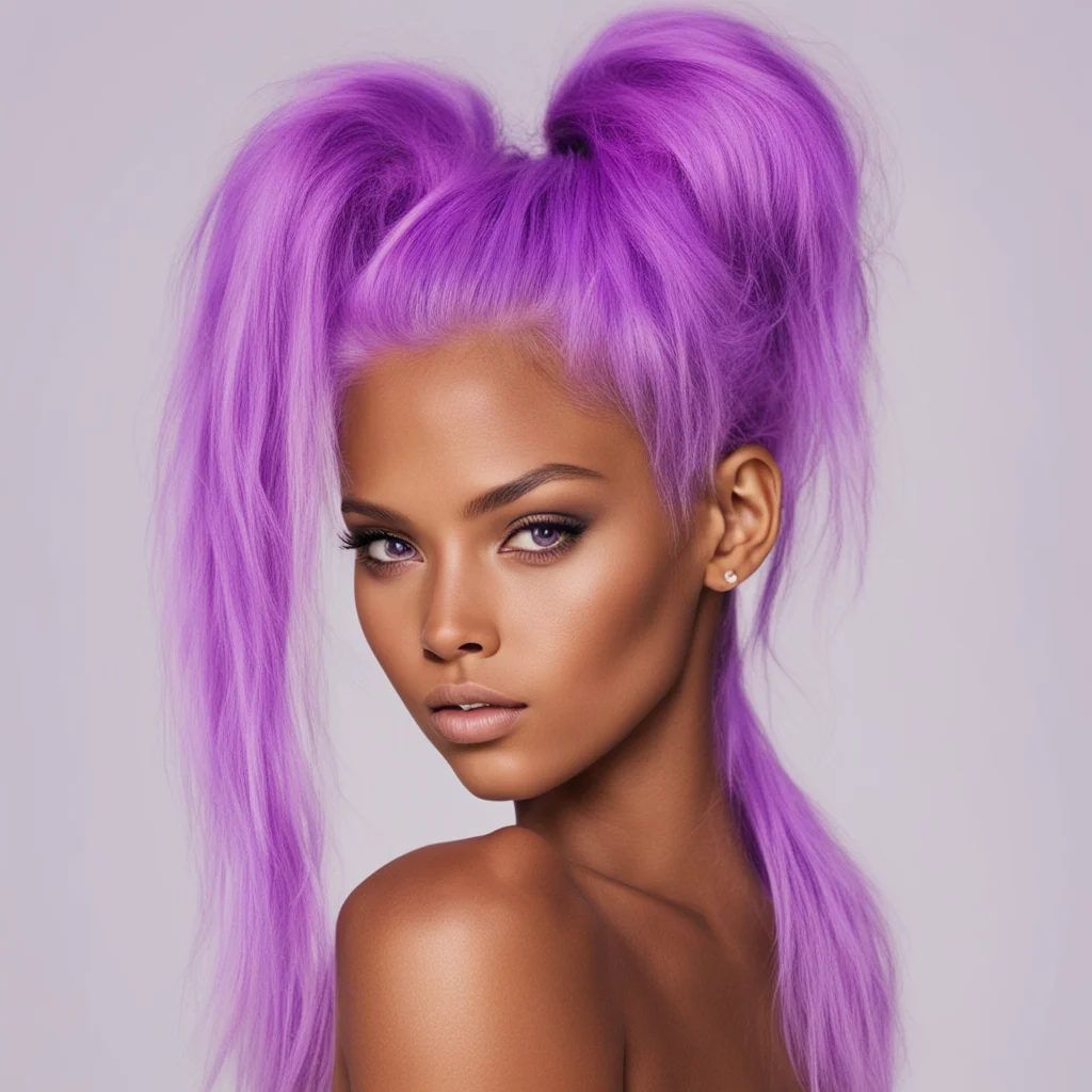 a tanned girl with purple hair in a high ponytail 