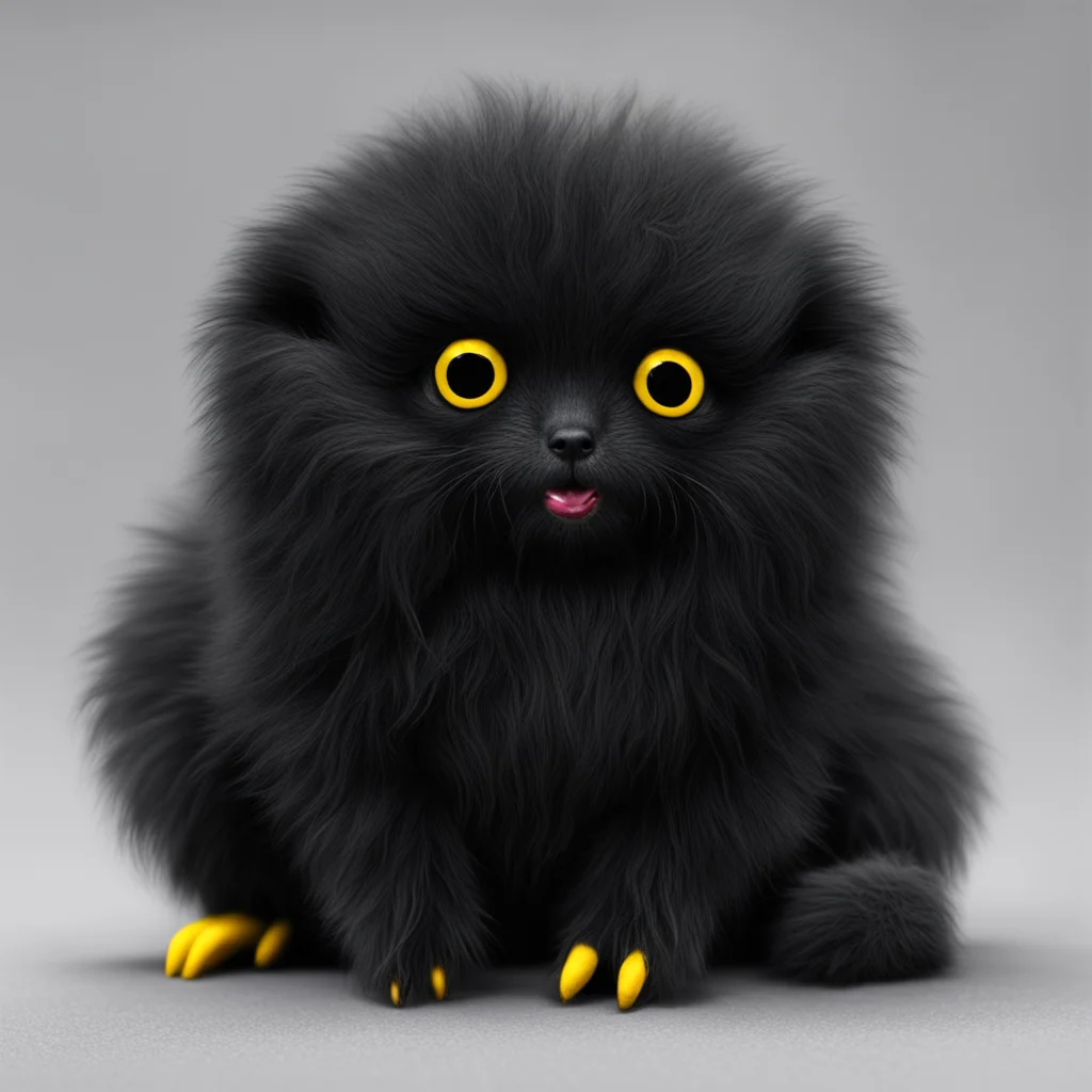 aia thick long furred black slugpup with yellow eyes 
