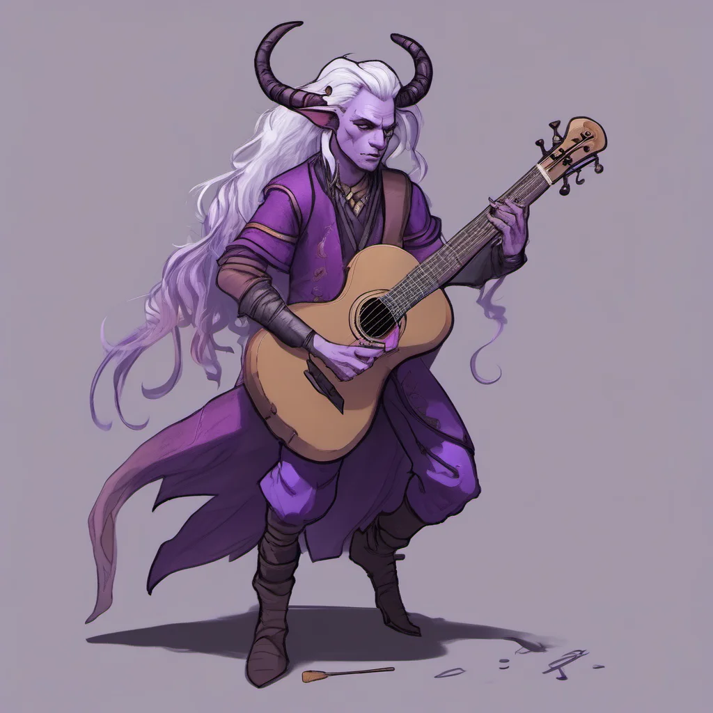 a tiefling bard with purple skin%2C high fantasy%2C long silver hair%2C horns that curl back%2C playing a sad tune amazing awesome portrait 2