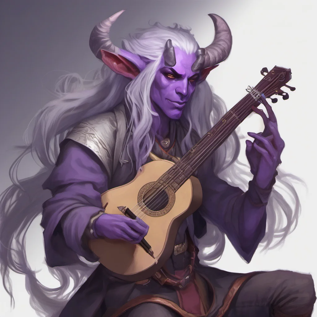 a tiefling bard with purple skin%2C high fantasy%2C long silver hair%2C horns that curl back%2C playing a sad tune confident engaging wow artstation art 3