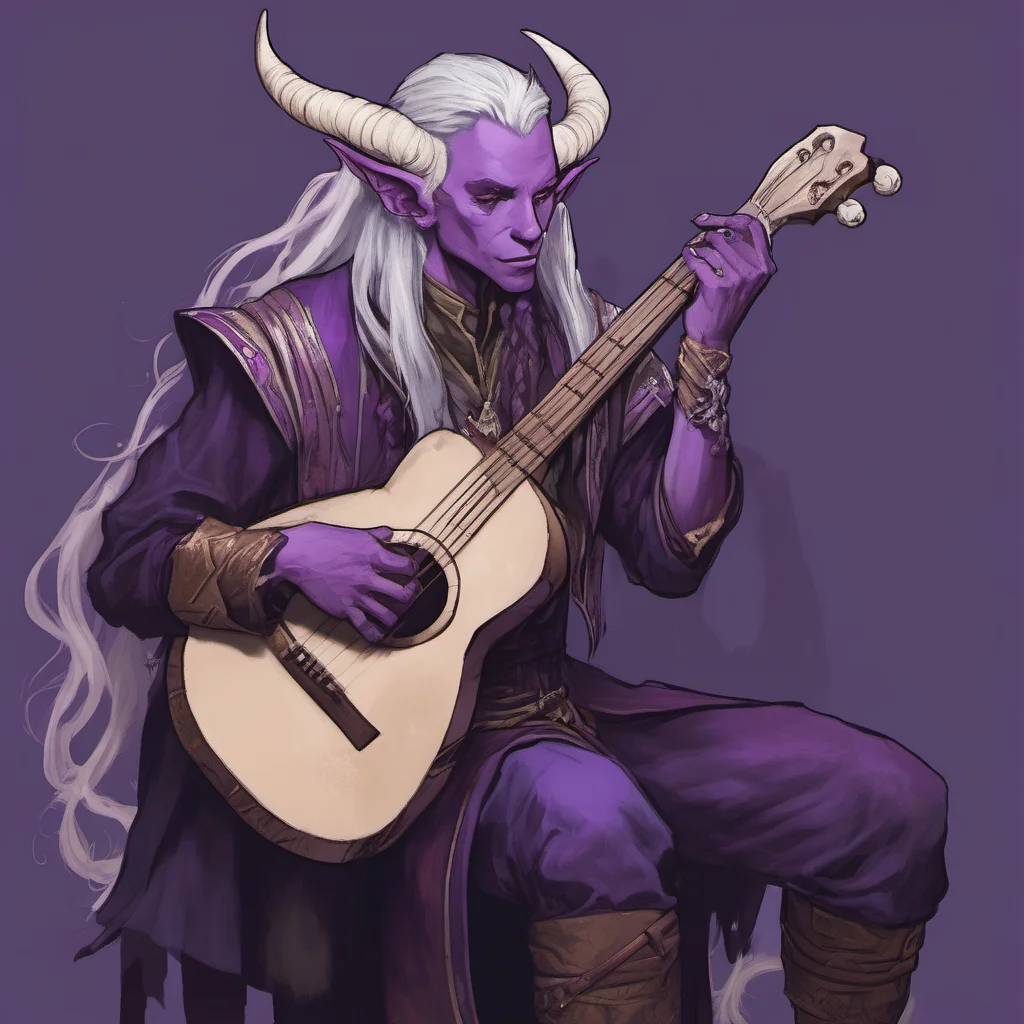aia tiefling bard with purple skin%2C high fantasy%2C long silver hair%2C horns that curl back%2C playing a sad tune good looking trending fantastic 1
