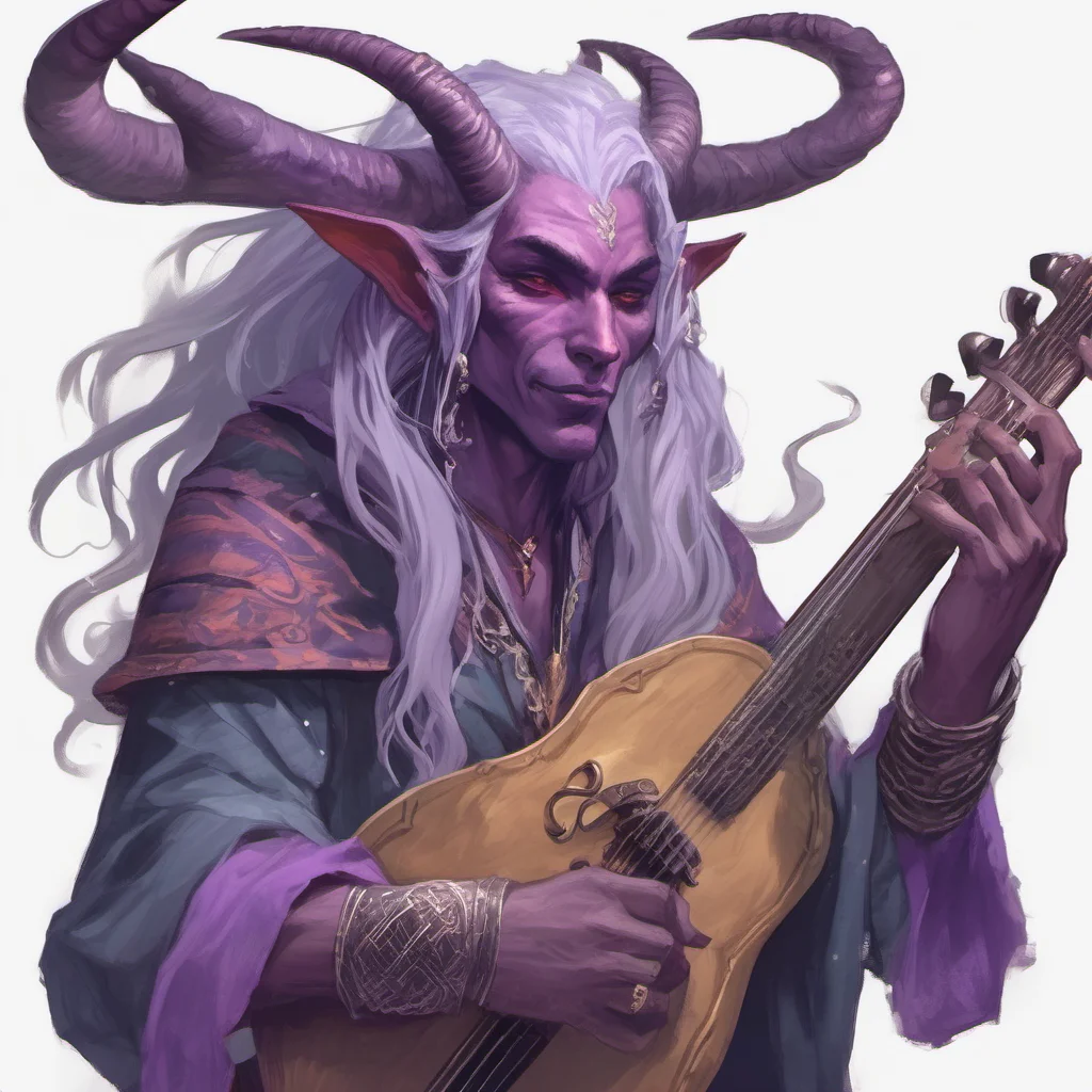 a tiefling bard with purple skin%2C high fantasy%2C long silver hair%2C horns that curl back%2C playing a sad tune