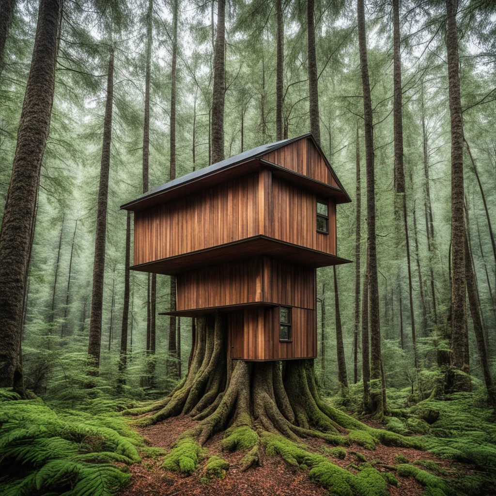 aia tiny house in the high end of a big tree%2C in the middle of a dense forest. amazing awesome portrait 2
