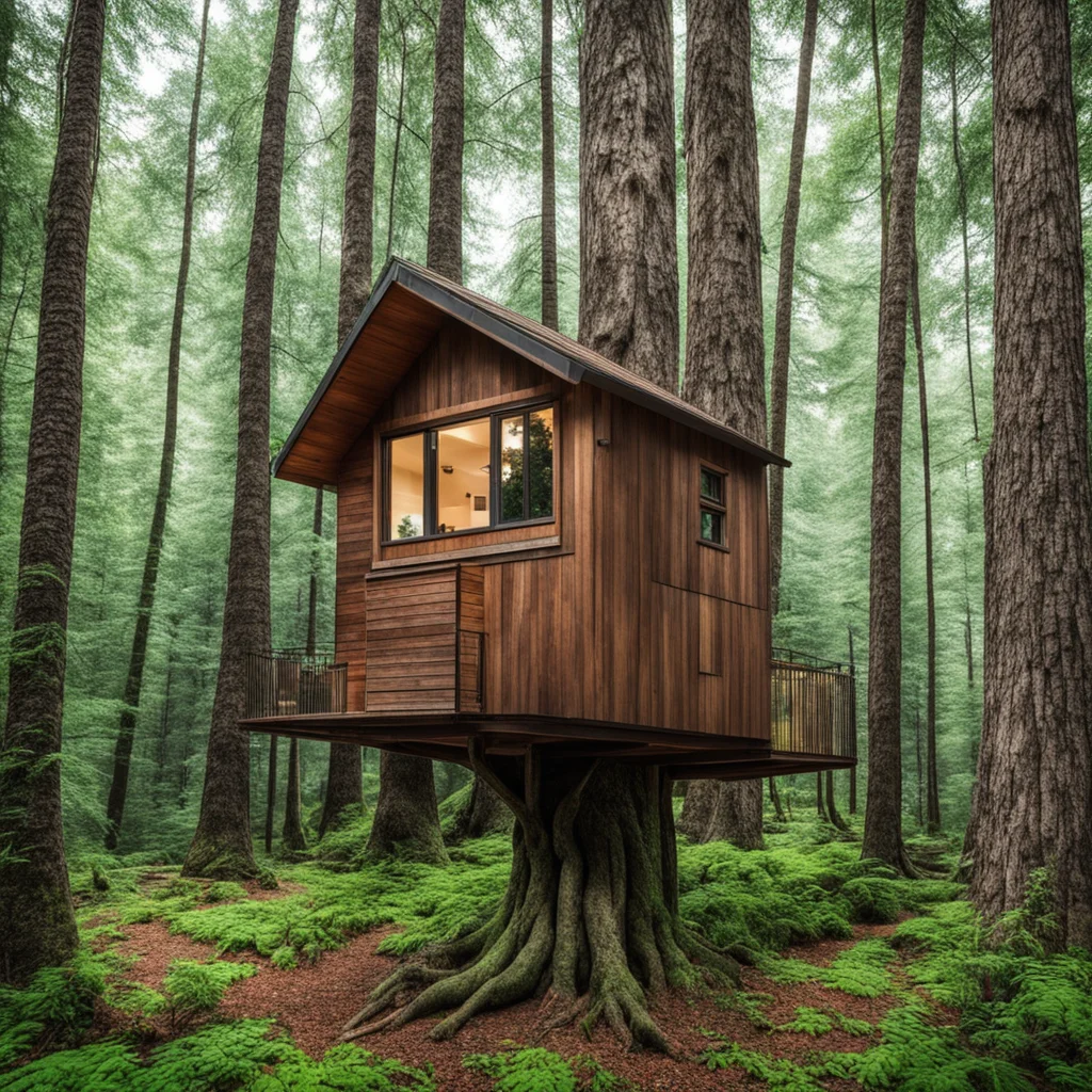 aia tiny house in the high end of a big tree%2C in the middle of a dense forest. confident engaging wow artstation art 3