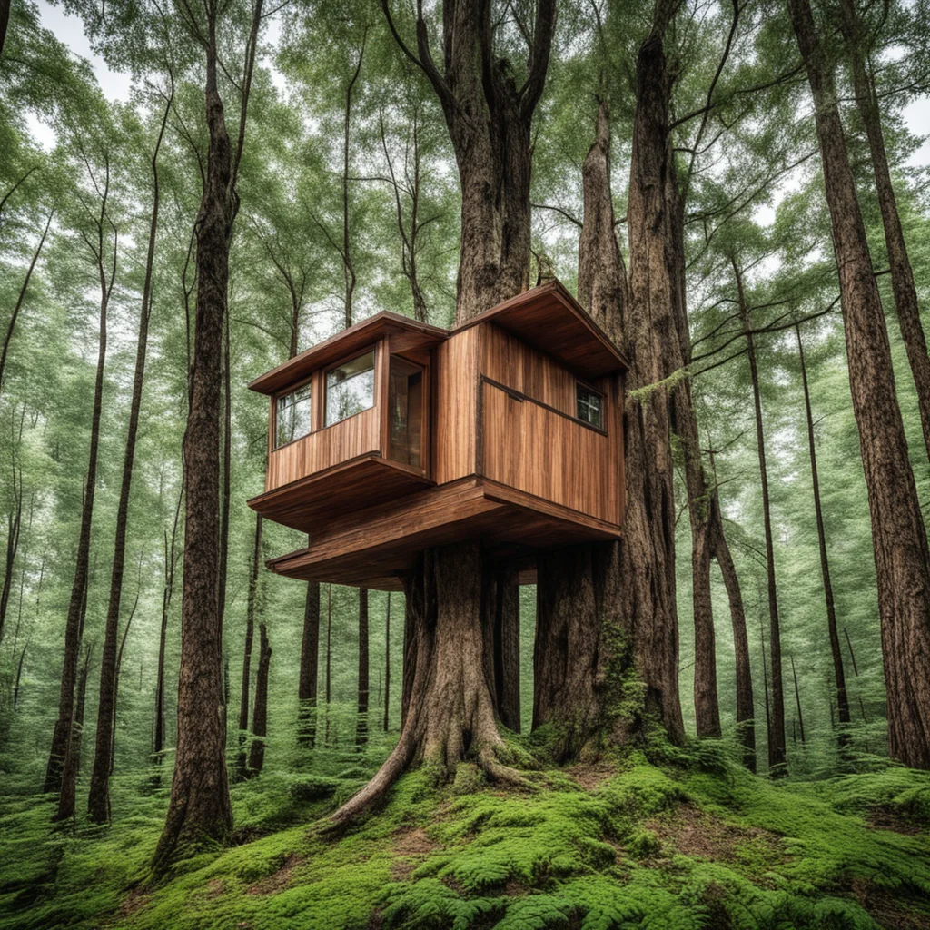 aia tiny house in the high end of a big tree%2C in the middle of a dense forest.