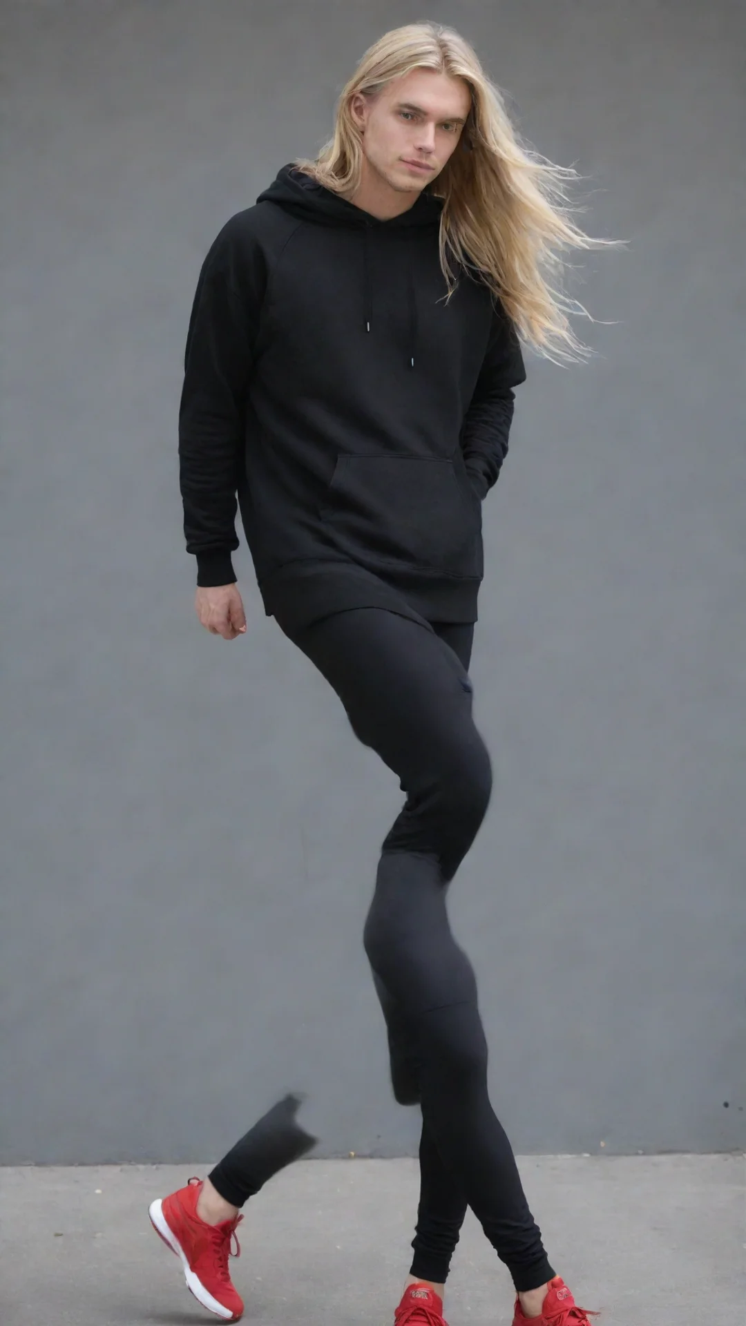 aia toned%2C blonde male with long hair%2C a black hoodie%2C black leggings showing of his legs and some red sneakers rick%26 morty animated character tall