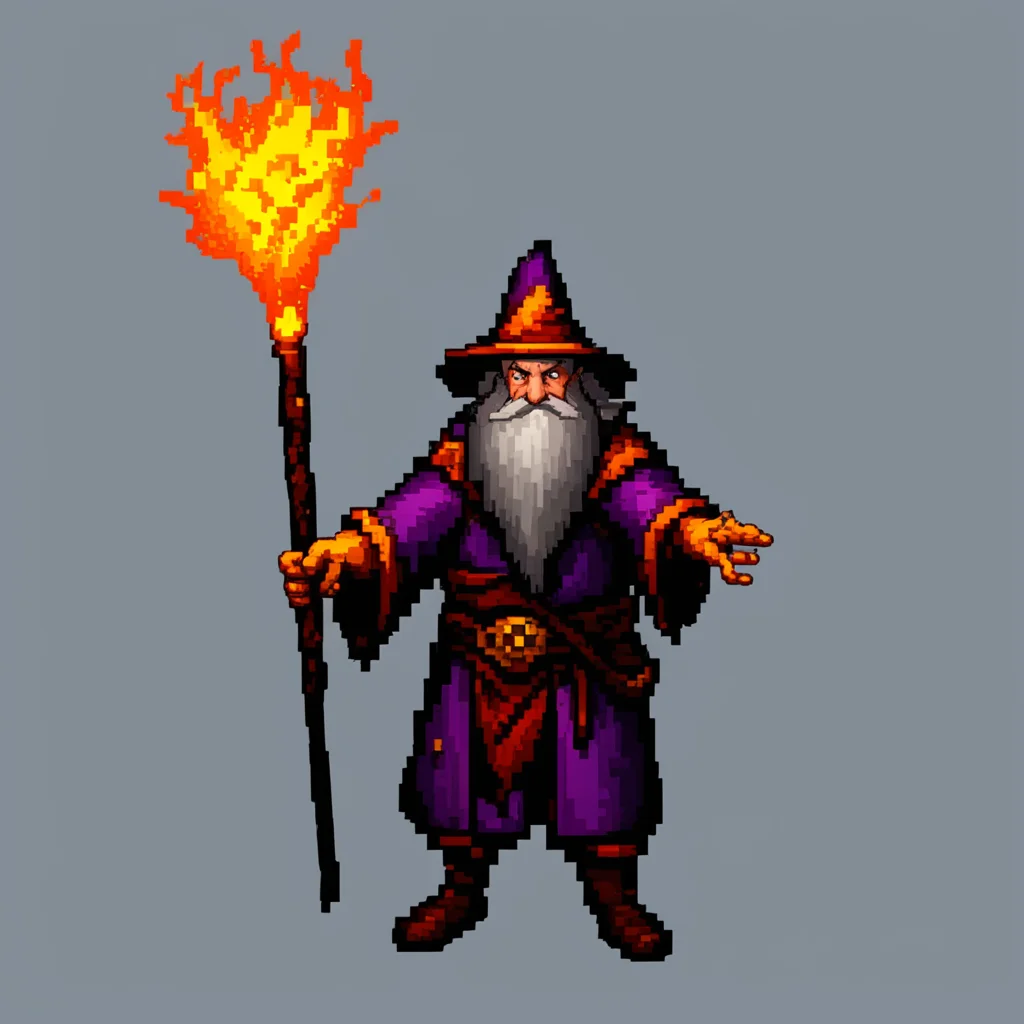 aia topdown 256 x 256 pixel sprite for a pc game%2C showing a wizard with a lava staff