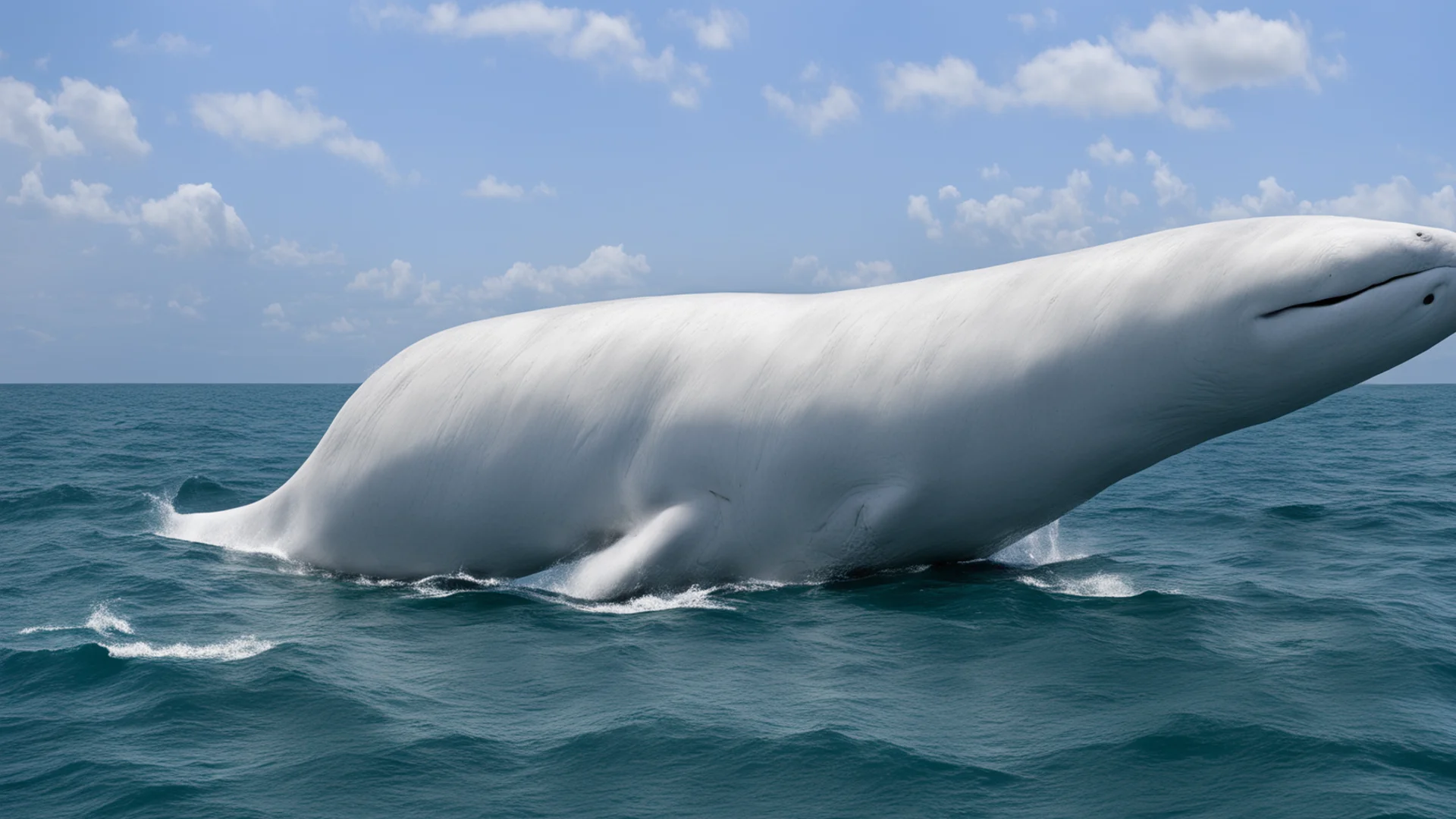 a very big white sperm whale in the ocean  alongside a boat wide