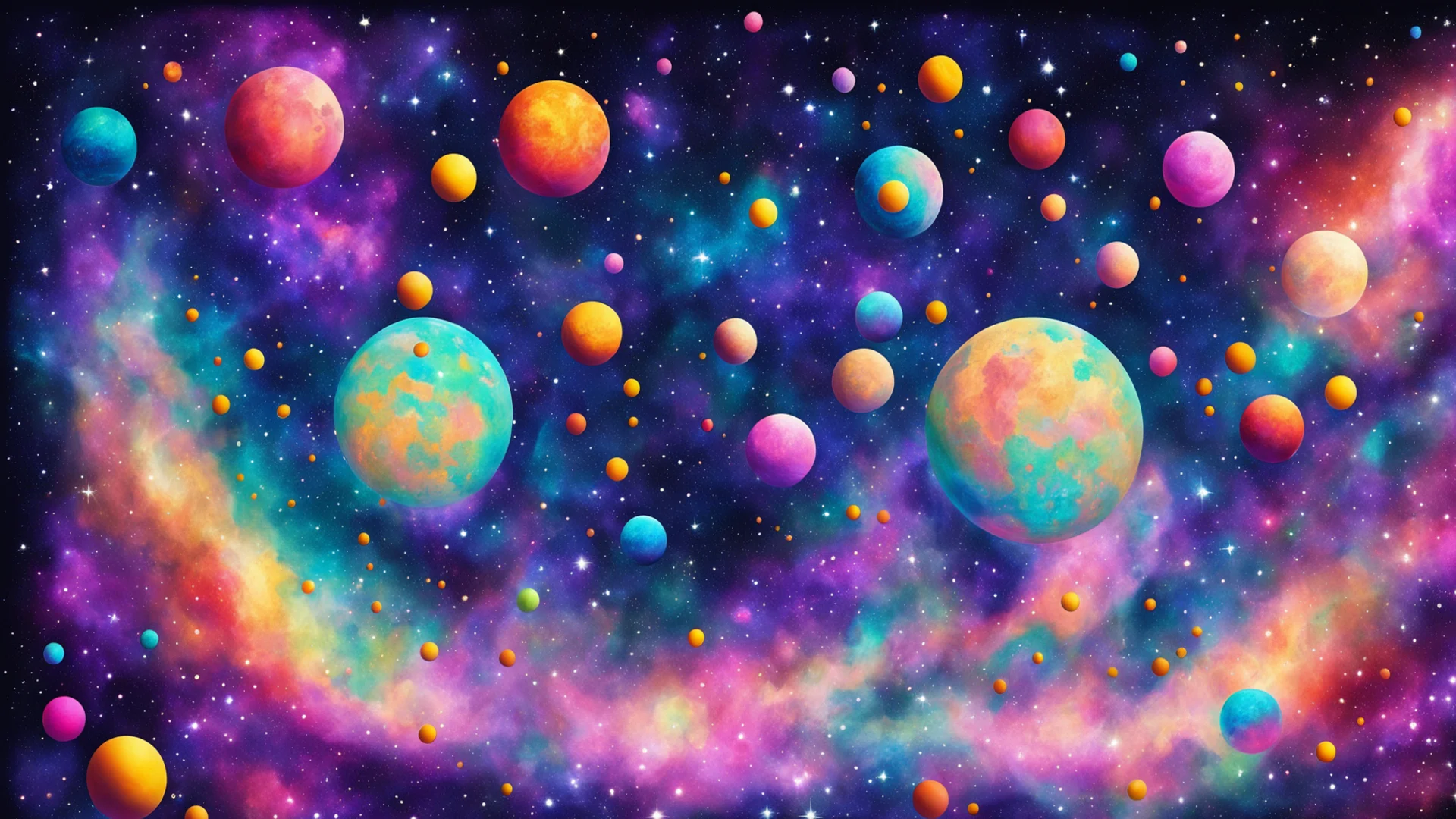 aia vibrant tapestry of whimsical planets from different disney movies%2C floating amidst sparkling stardust and nebulae%2C in the style of georges seurat%2C emo wide