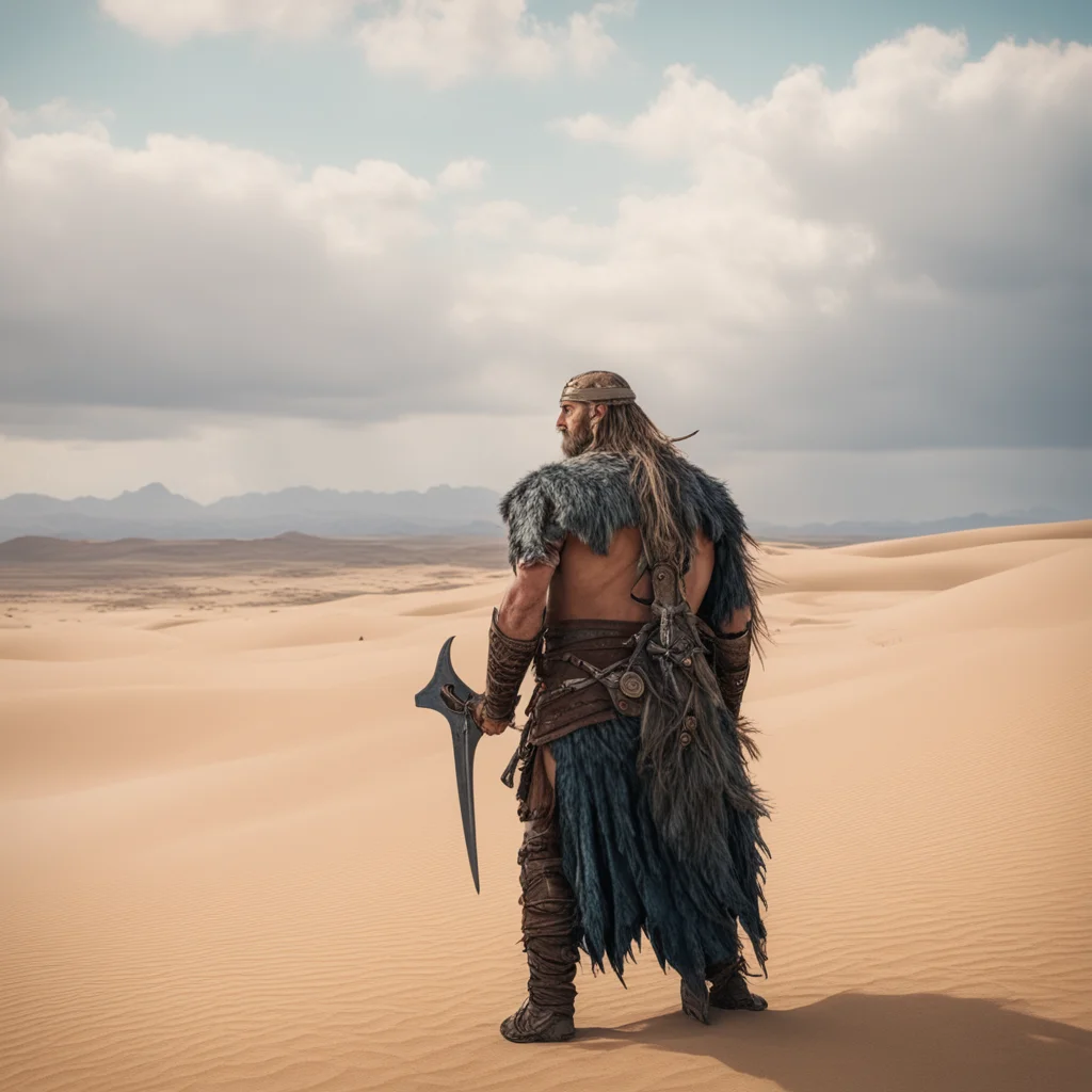 a viking stranded in the desert looking far away back to ocean