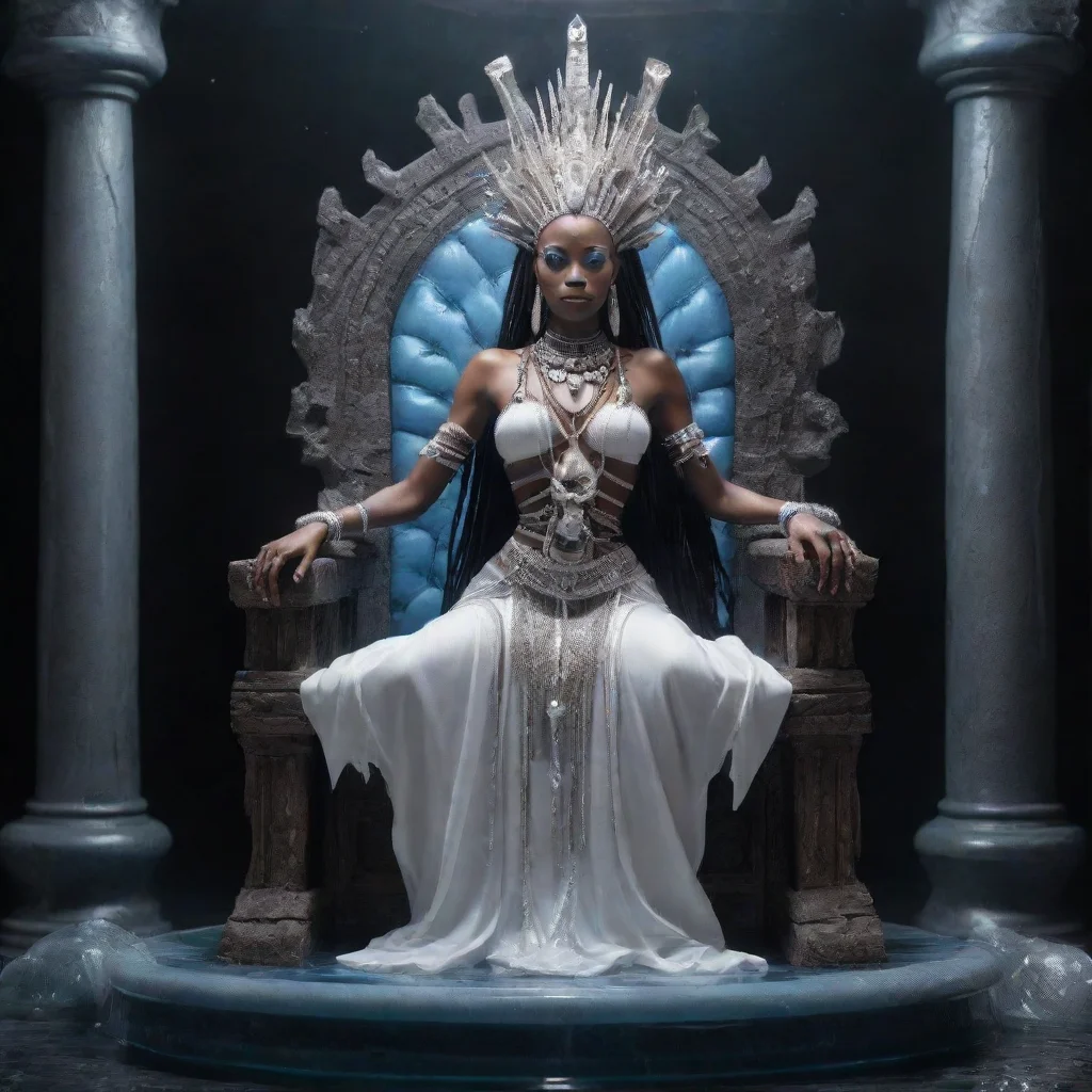 aia voodoo priestess of silence on a fluid throne so clean and clear with technical crystals floating ar 1812