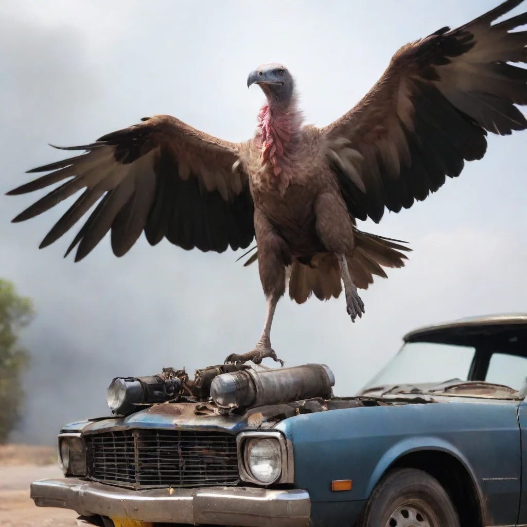 a vulture bird landing on a broken smoking car engine wearing glases