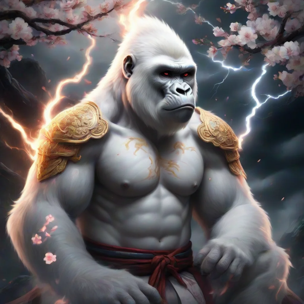 a white gorilla of peace and wrath lightning storm fire flame sakura blossoms magical atmosphere oriental fantasy insane