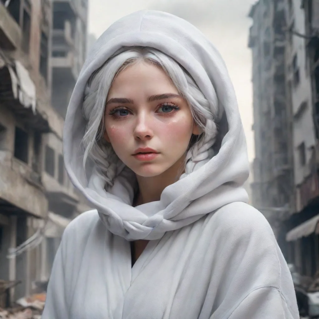 aia white hair girl with white eyelashes%2C and%2C with all of her hair bundled up in a braided %2C wearing all white robes with the hood up closing her eyes while flying in a ruined modern city 