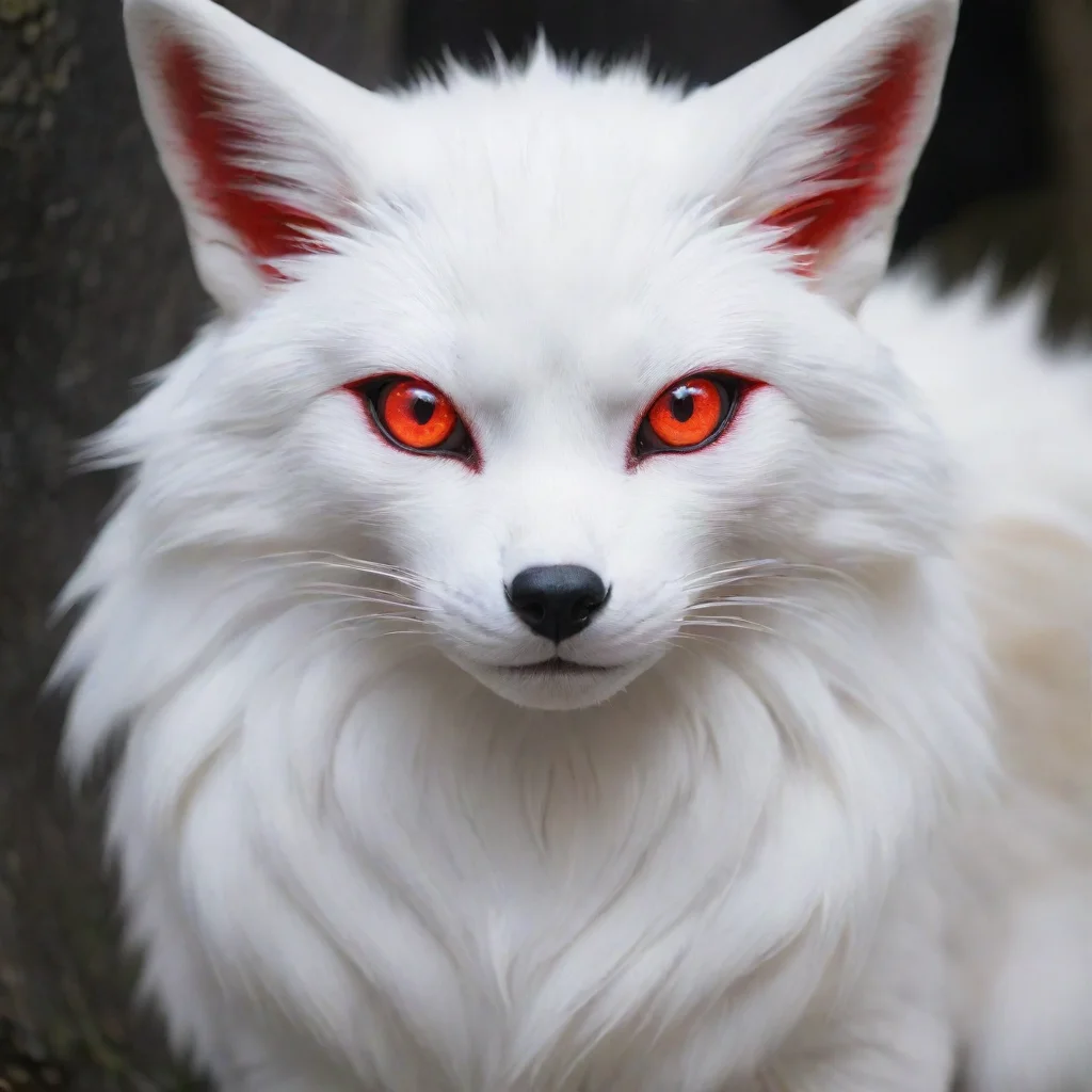 a white kitsune with red eyes