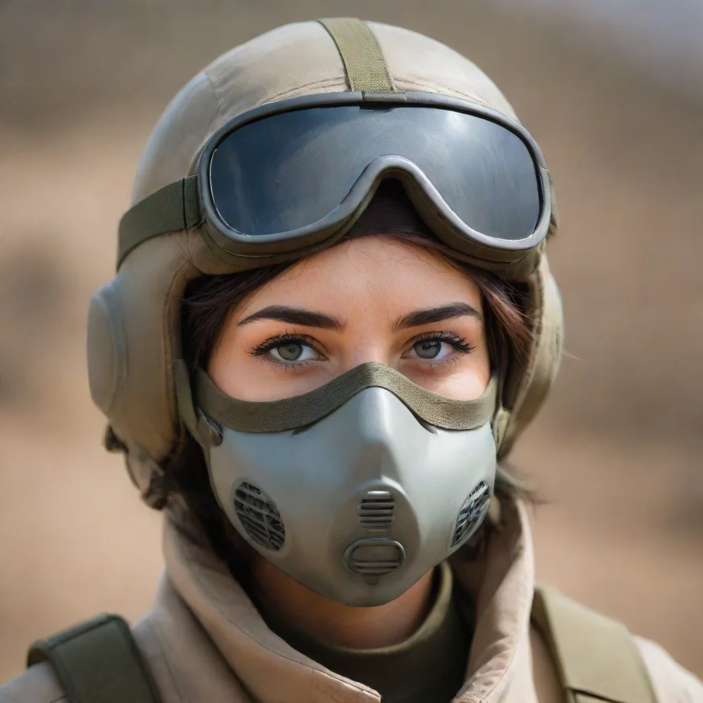 a woman in aviator helmet and tactical mask