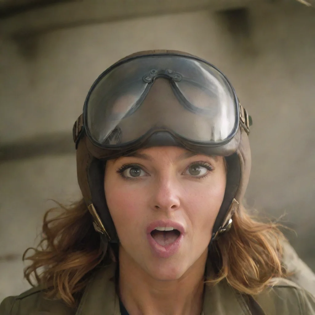 a woman in aviator helmet blows air to the camera with her mouth wide open.