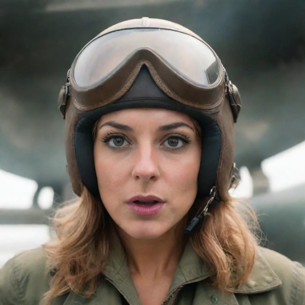 a woman in aviator helmet blows to the camera.