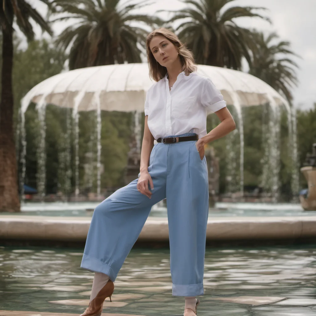 aia woman standing in front of a fountain wearing a white shirt and blue pants amazing awesome portrait 2