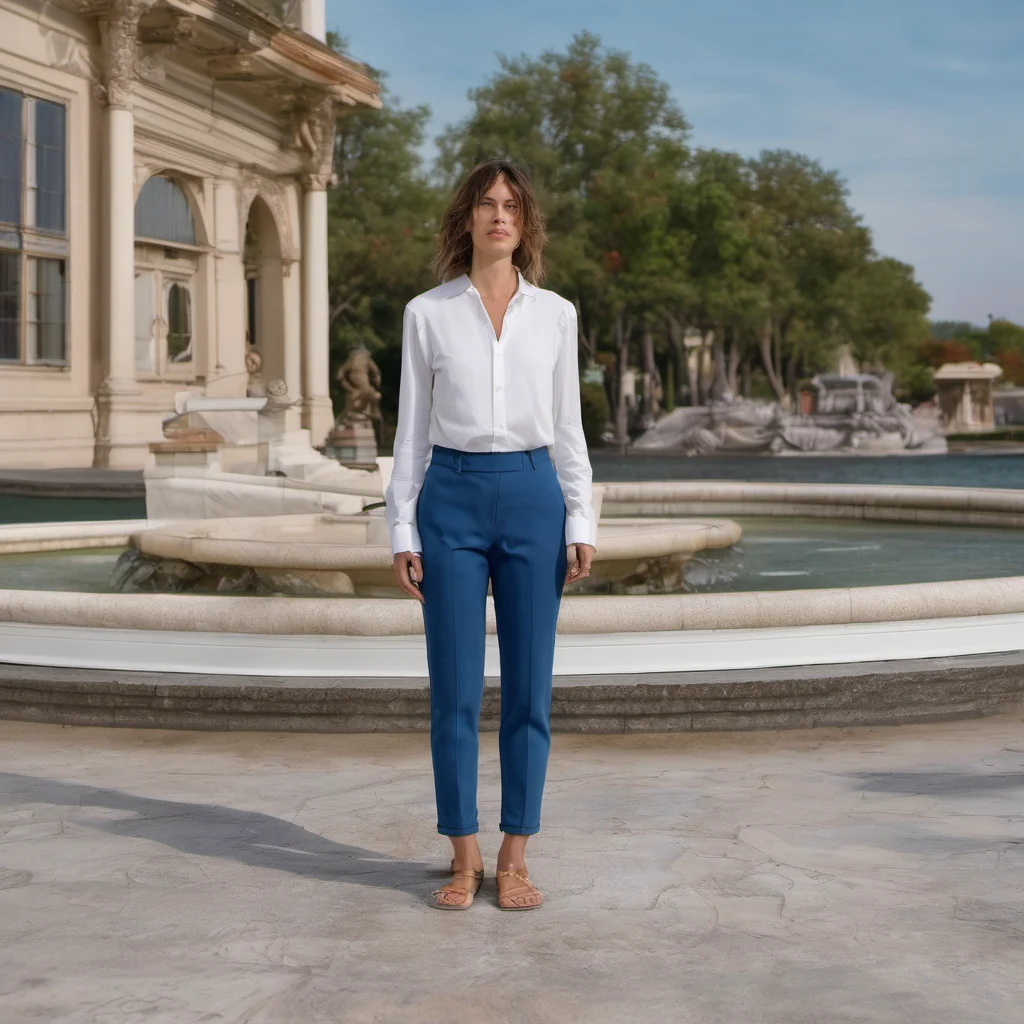 a woman standing in front of a fountain wearing a white shirt and blue pants confident engaging wow artstation art 3