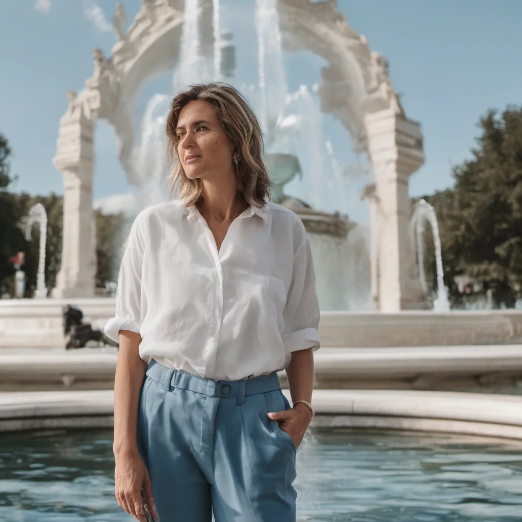 aia woman standing in front of a fountain wearing a white shirt and blue pants good looking trending fantastic 1