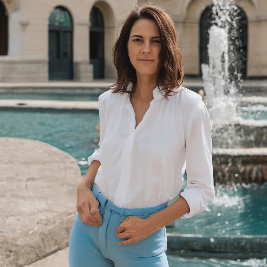 a woman standing in front of a fountain wearing a white shirt and blue pants