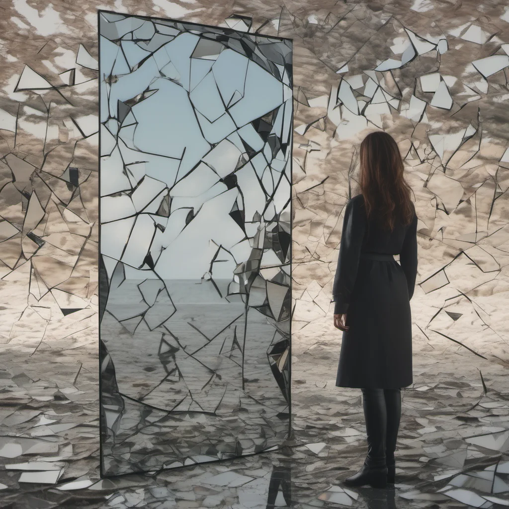 aia woman standing in front of a shattered mirror with each piece of the mirror reflection a different landscape amazing awesome portrait 2
