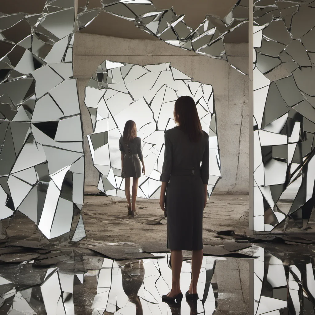 a woman standing in front of a shattered mirror with each piece of the mirror reflection a different landscape confident engaging wow artstation art 3