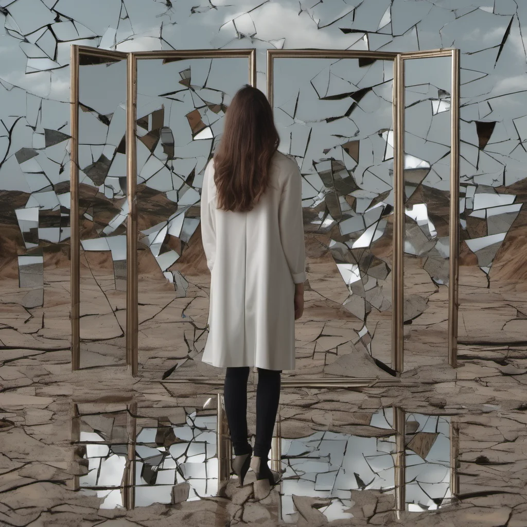 a woman standing in front of a shattered mirror with each piece of the mirror reflection a different landscape good looking trending fantastic 1