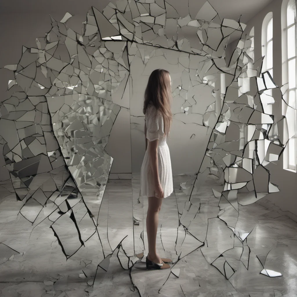 a woman standing in front of a shattered mirror with each piece of the mirror reflection a different landscape