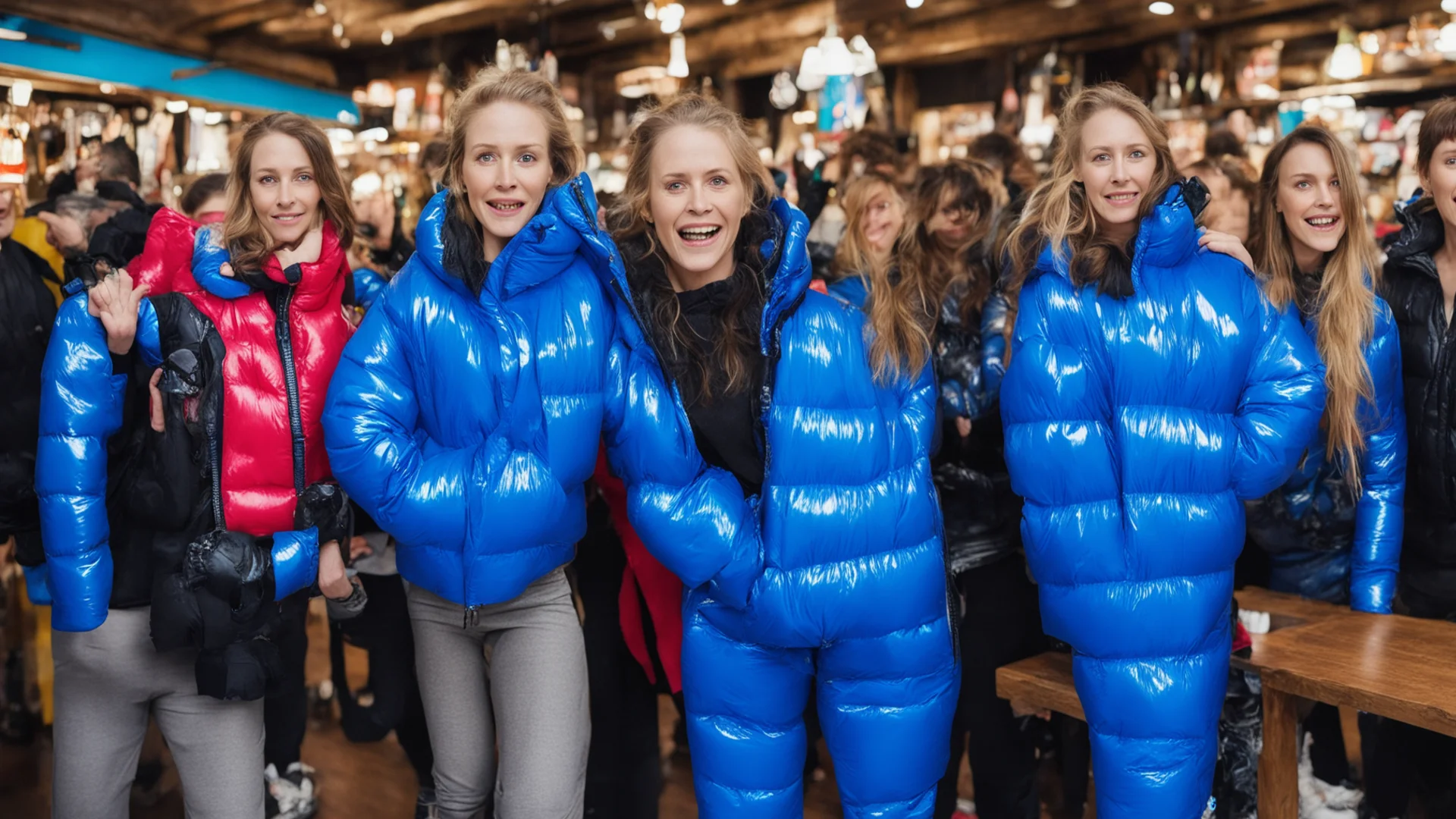 aia woman stands in the ski bar in a shiny blue puffy jacket. 3 other women take revenge on the woman%27s jacket and cut a big hole in it off the entire front. wide