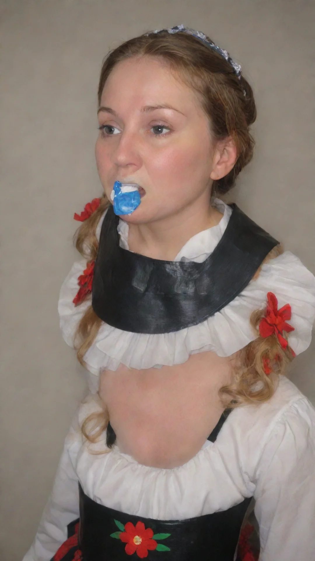 aia woman wearing a bunad%2C duct tape on her mouth. tall