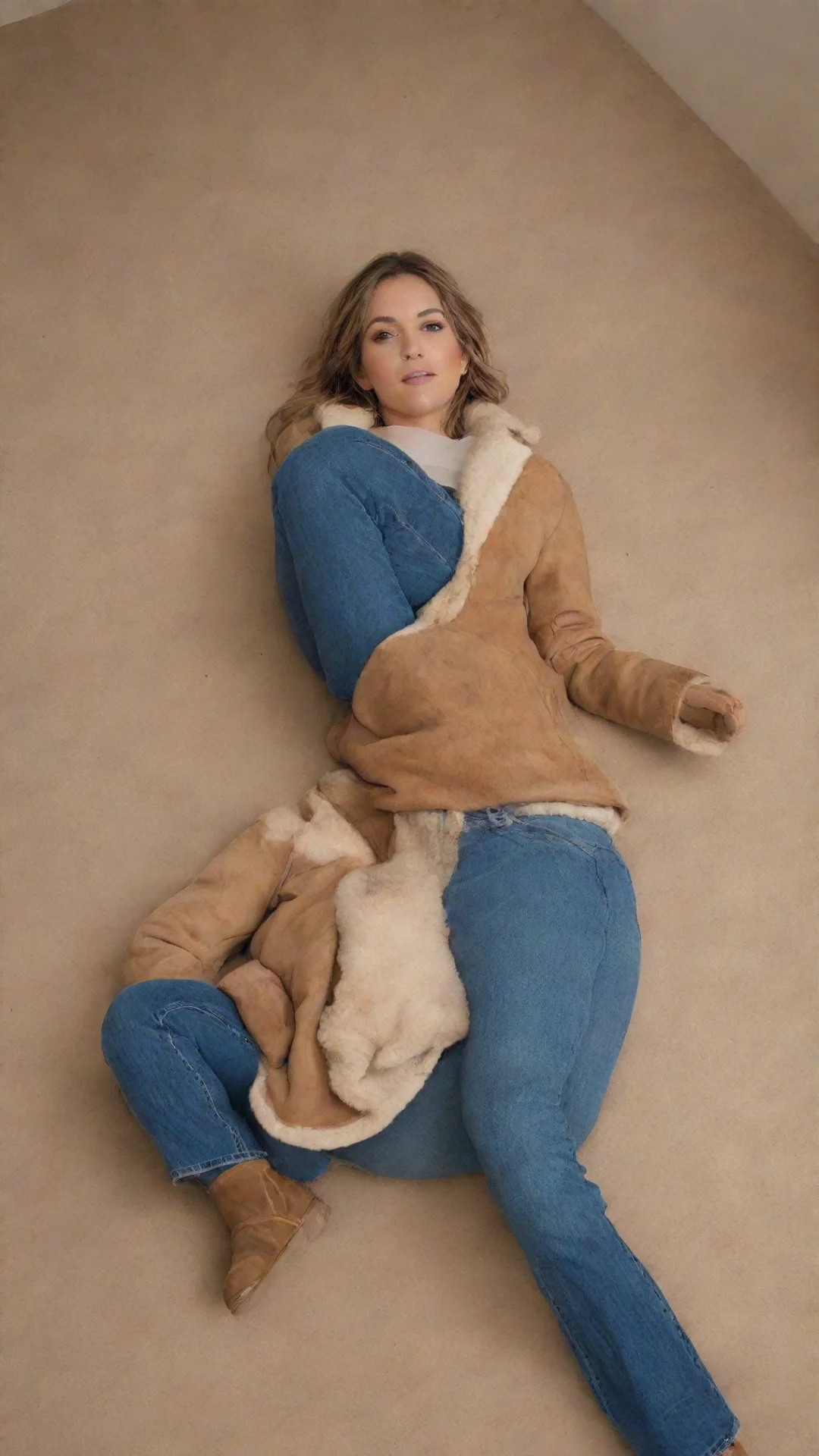 aia woman wearing b3 shearling jacket%2C tight jeans%2C knee high ugg boots%2C is lying down with her legs spread wide open. low camera angle. tall