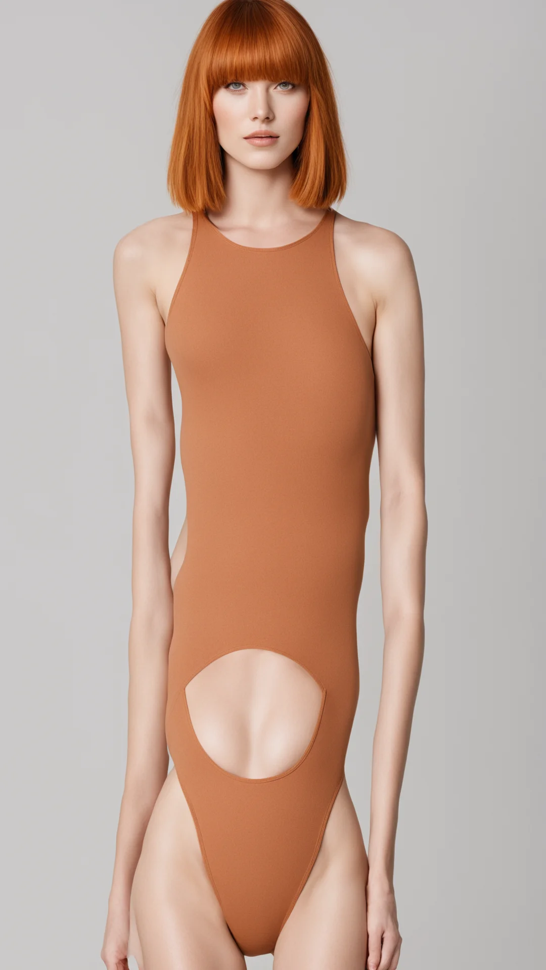 aia woman with ginger inverted bob hair with straight bangs%2C orange eyes%2C in a light brown one piece swimsuit with bib jeans above%2C flat chest%2C wide hips tall