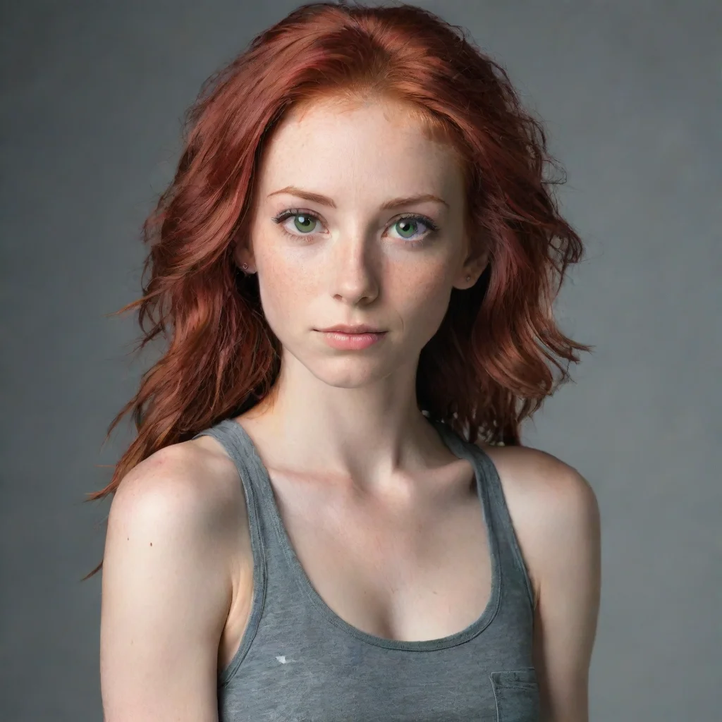aia woman with red hair and hazel green eyes. she is very skinny and is wearing a tank top and jean shorts.