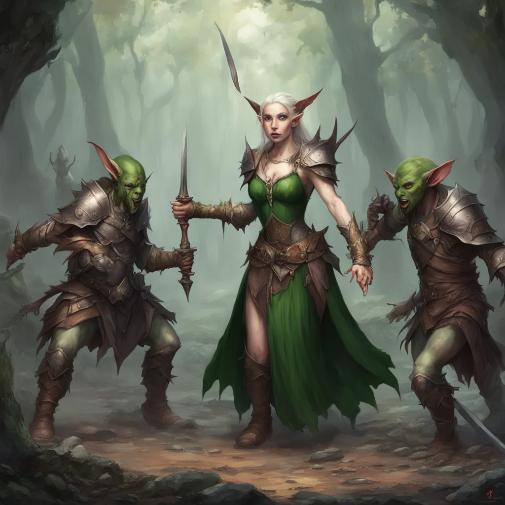 a wounded elf princess surrenders to three goblin warriors  confident engaging wow artstation art 3