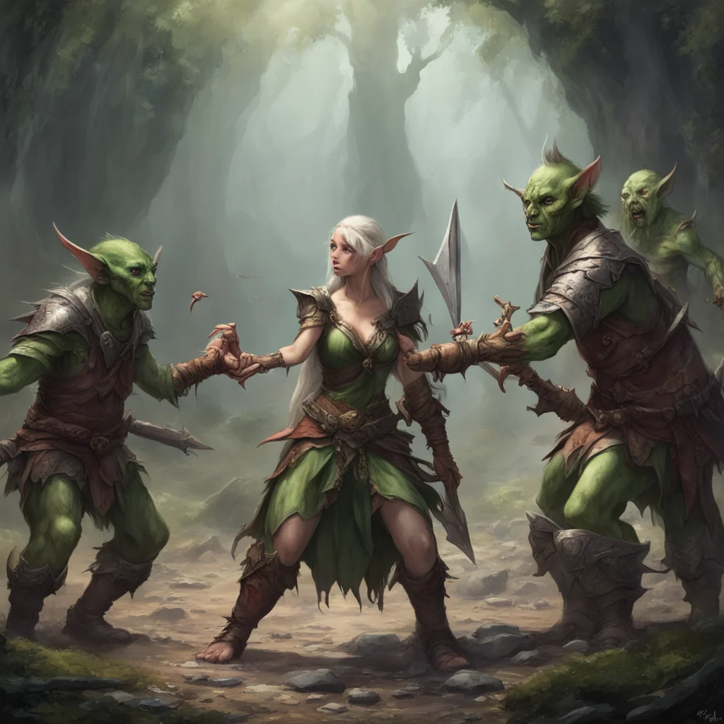 a wounded elf princess surrenders to three goblin warriors 