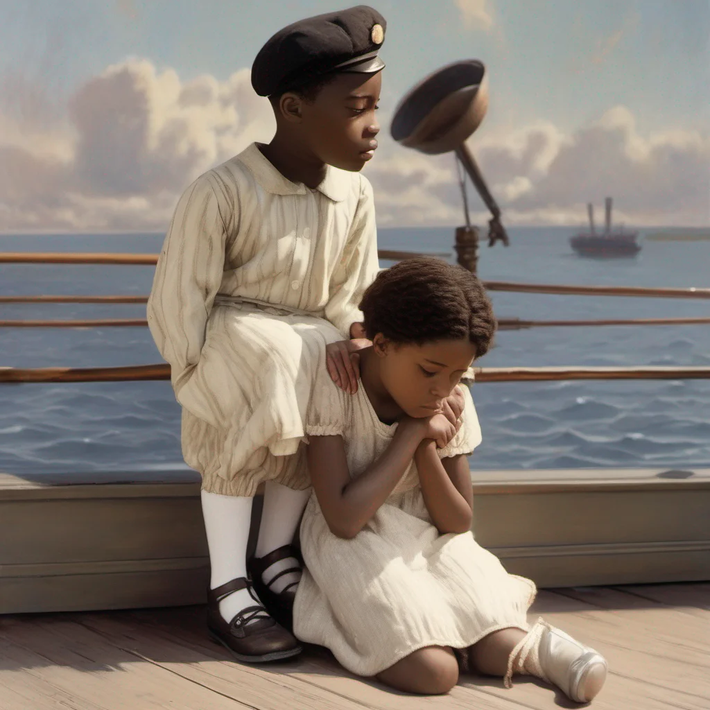 a young black boy comforting a little white girl on the titanic