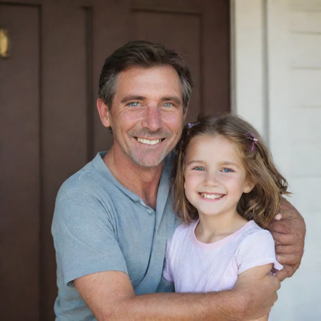 aia young girl with bright eyes and a big smile%2C is standing at the front door%2C holding onto her dad%27s knee. 