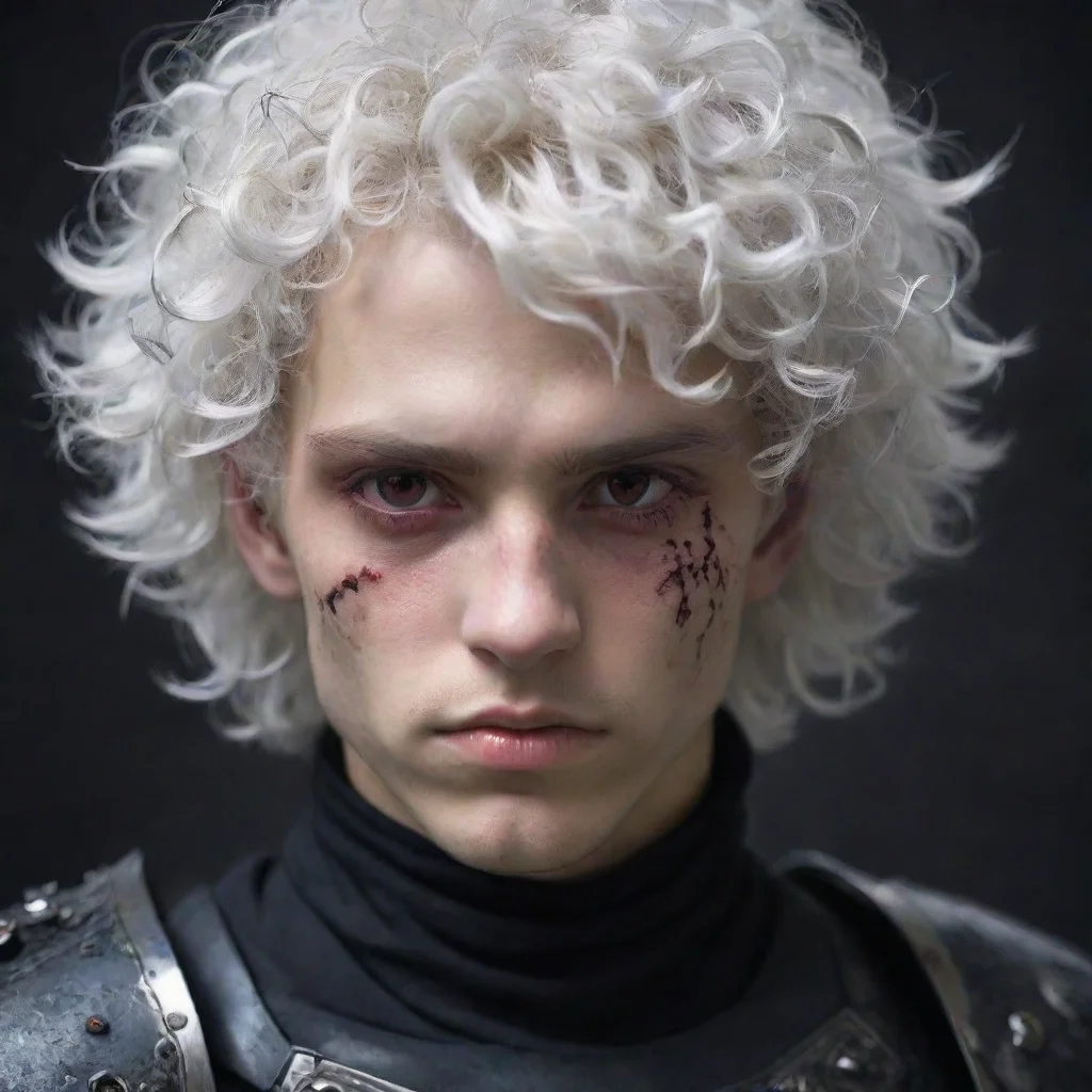 a young man%252c with fully black armor%252c he has a pale and melancholic face with scars on his face%252c he has short curly white hair and red eyes amazing awesome portrait 2