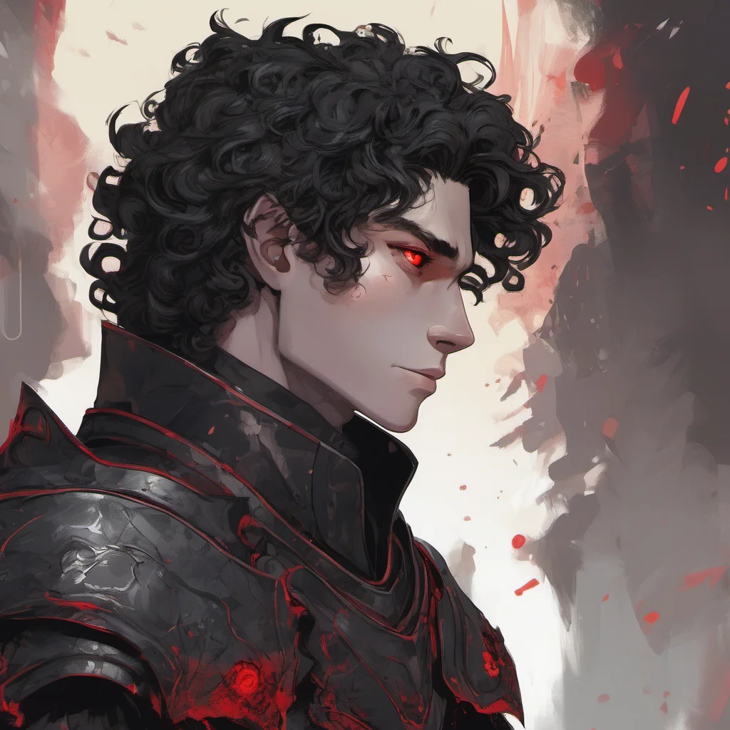 aia young man%2C he wears fully black armor%2C has a melancholic face%2C black curly hair and red eyes amazing awesome portrait 2