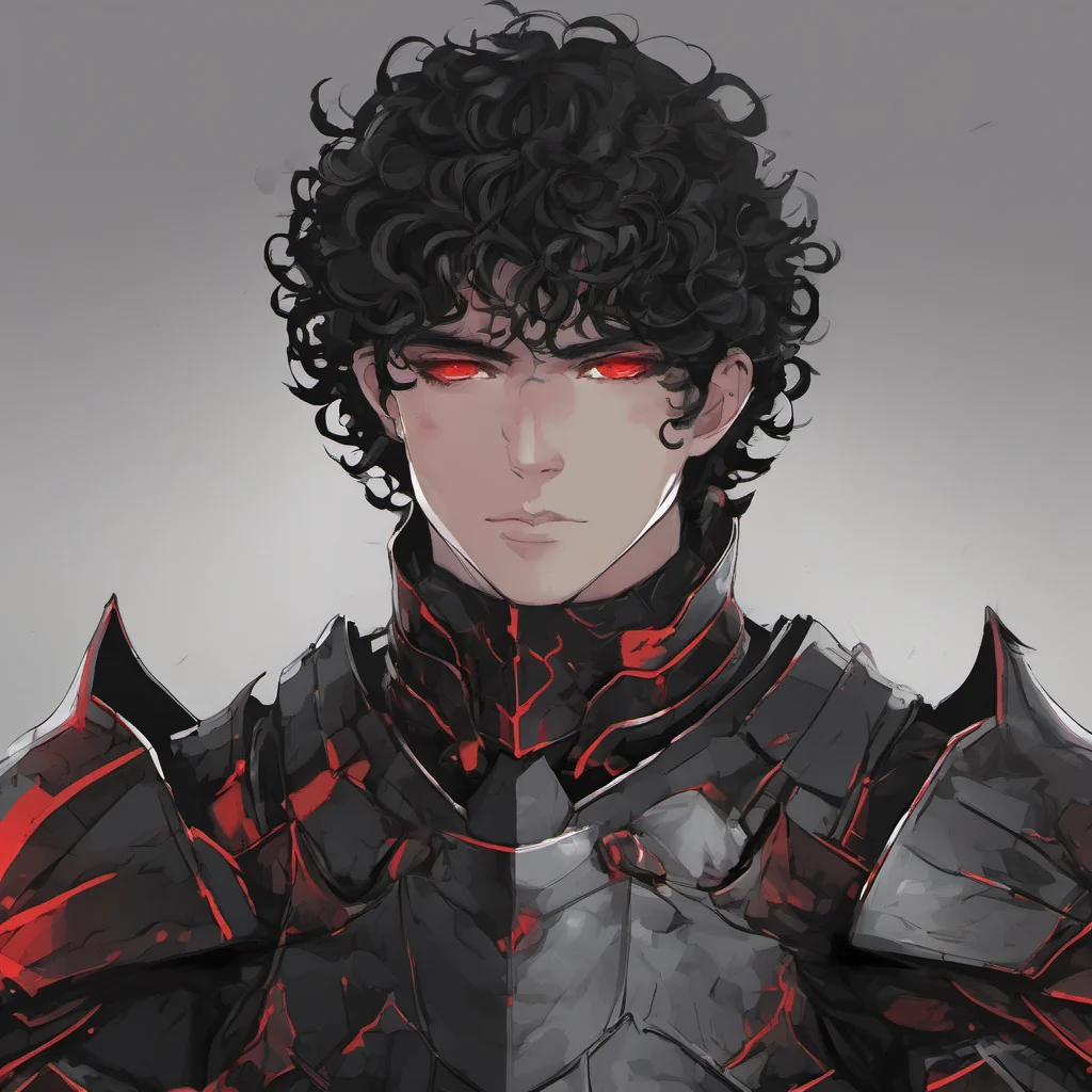 aia young man%2C he wears fully black armor%2C has a melancholic face%2C black curly hair and red eyes