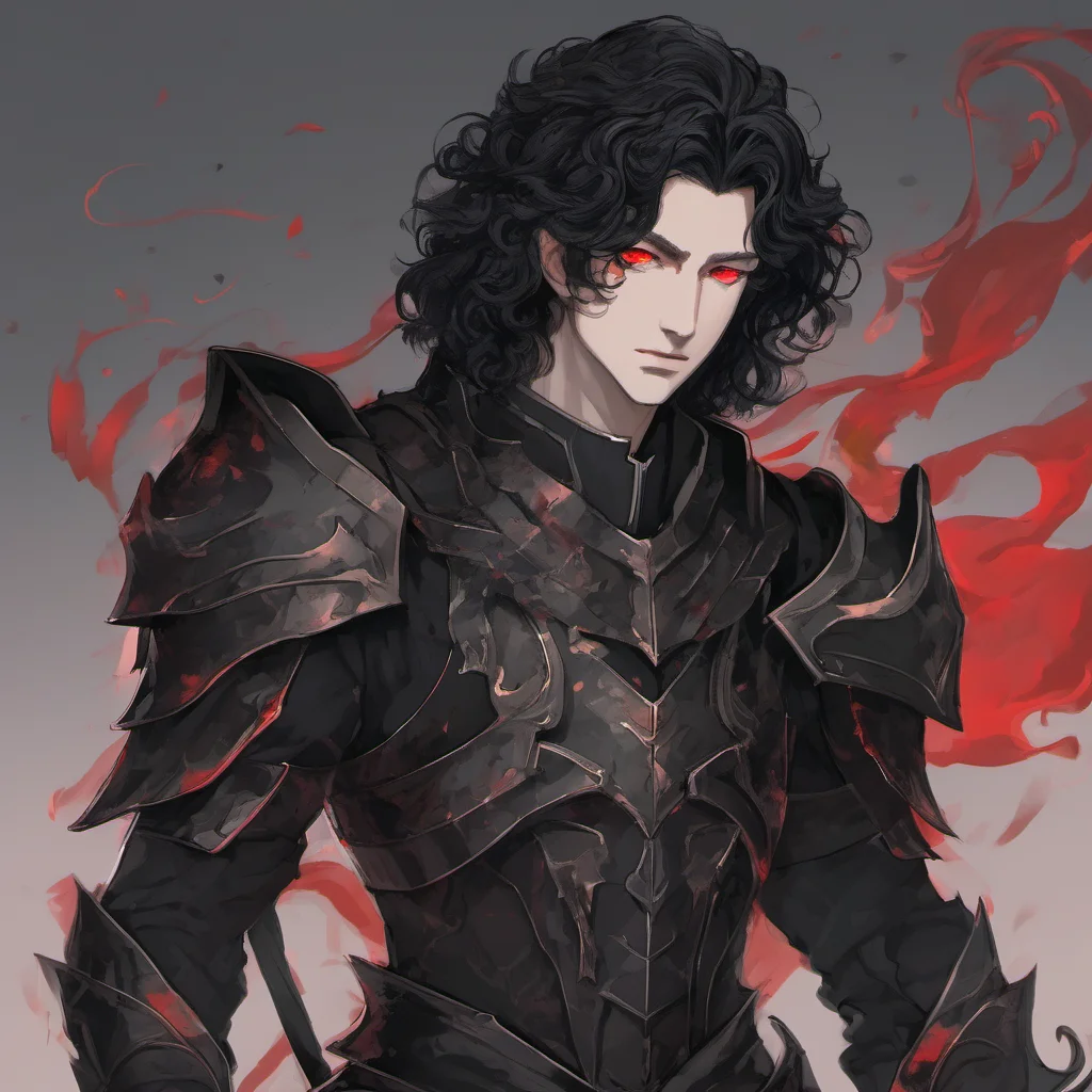 aia young man%2C he wears fully black armor%2C has a pale melancholic face%2C long black curly hair and red eyes amazing awesome portrait 2
