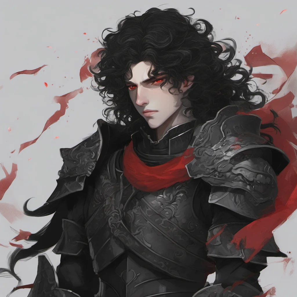aia young man%2C he wears fully black armor%2C has a pale melancholic face%2C long black curly hair and red eyes confident engaging wow artstation art 3
