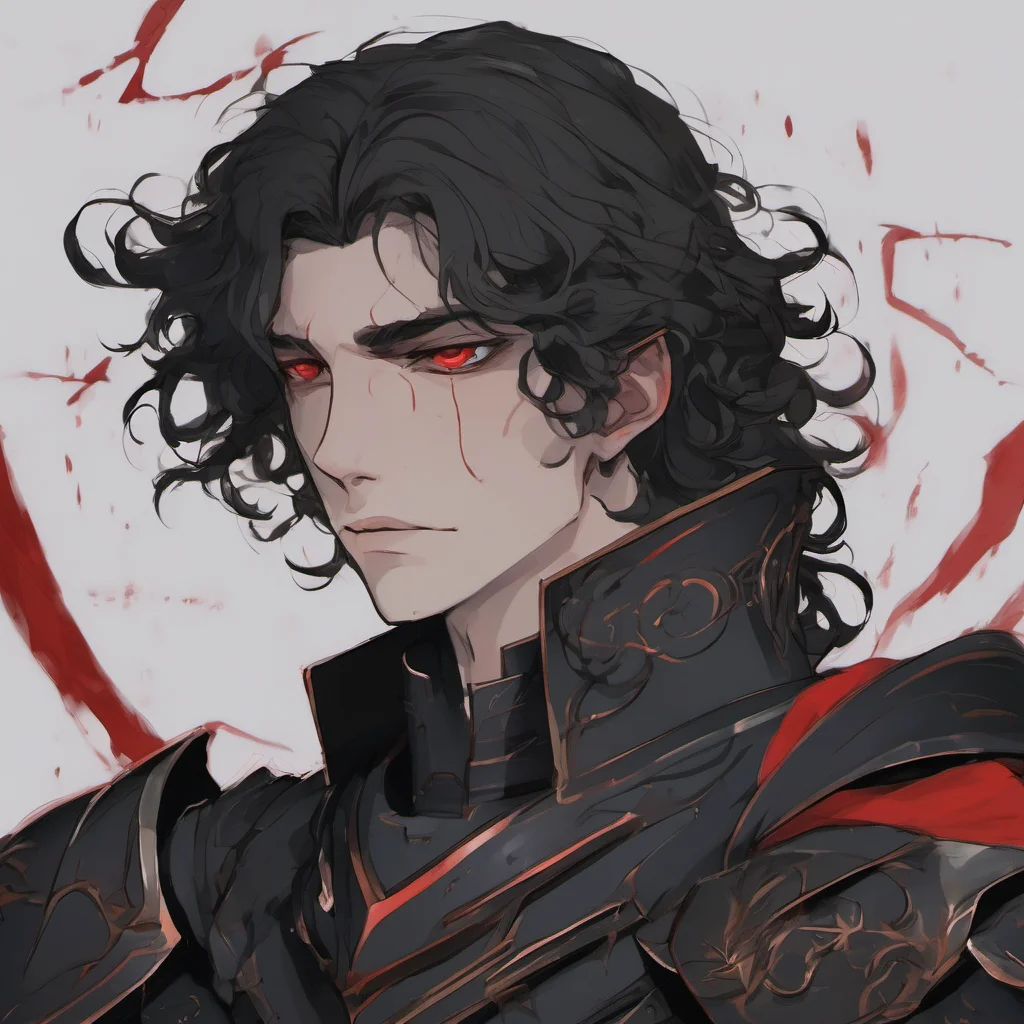 aia young man%2C he wears fully black armor%2C has a pale melancholic face%2C long black curly hair and red eyes good looking trending fantastic 1