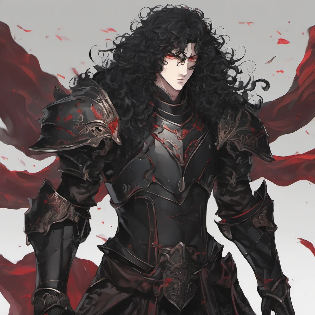 aia young man%2C he wears fully black armor%2C has a pale melancholic face%2C long black curly hair and red eyes