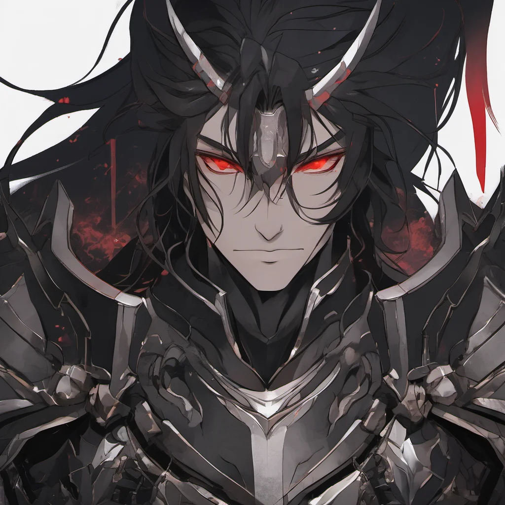 aia young man%2C with fully black armor%2C he has a pale and melancholic face%2C he has long black hair with red eyes amazing awesome portrait 2