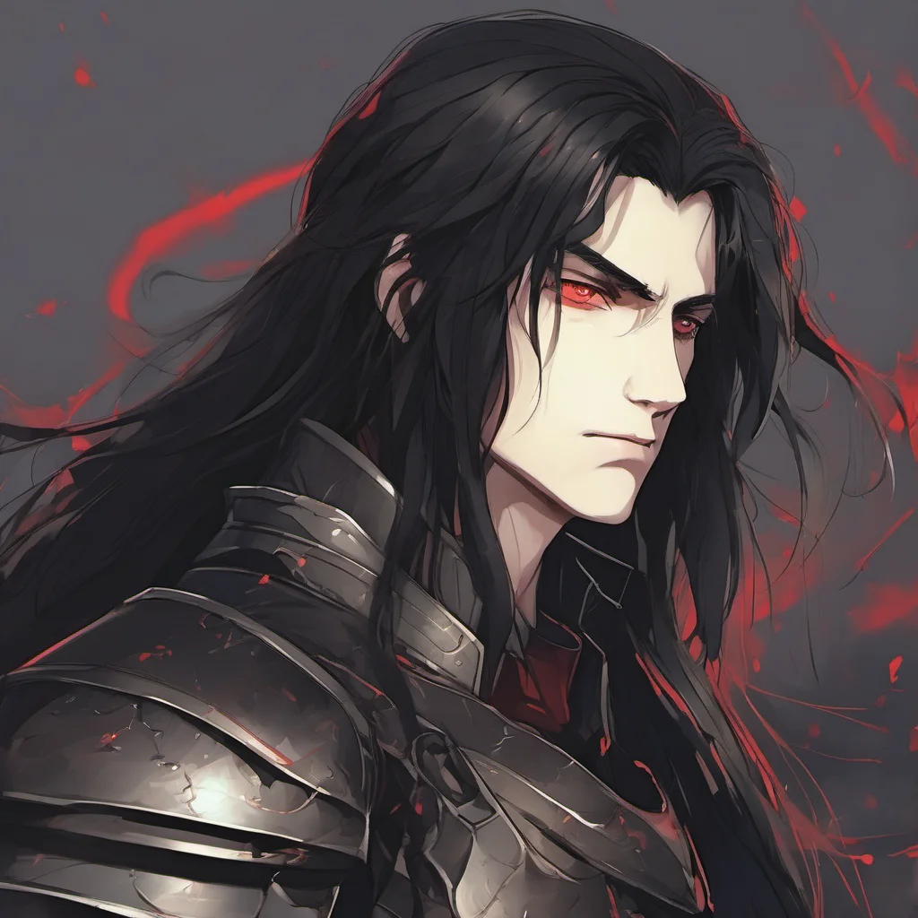aia young man%2C with fully black armor%2C he has a pale and melancholic face%2C he has long black hair with red eyes confident engaging wow artstation art 3